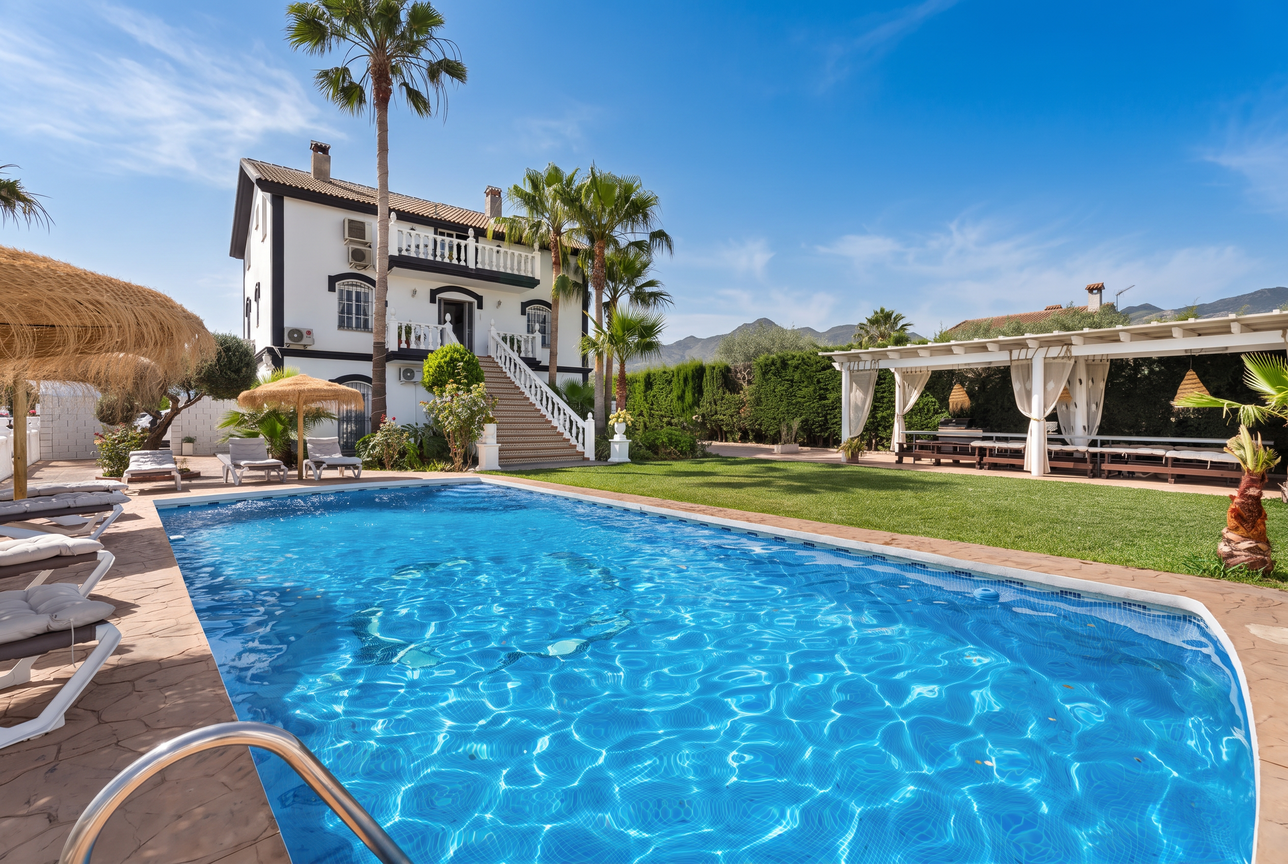 Witte villa met zwembad, palmbomen en de bergen van Andalusië op de achtergrond