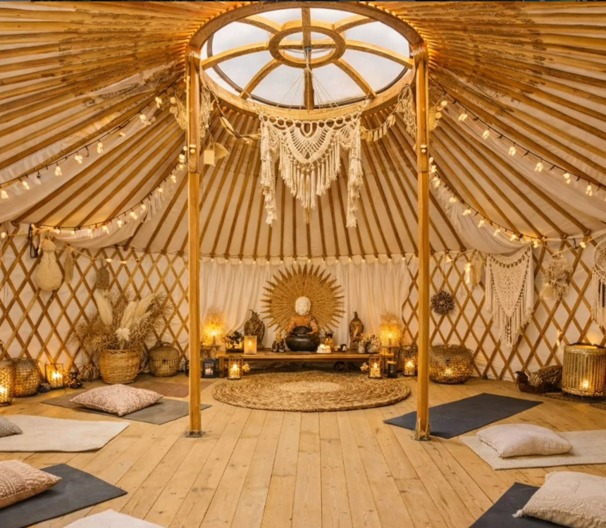 Sfeervolle yurt met kussens en lichtjes