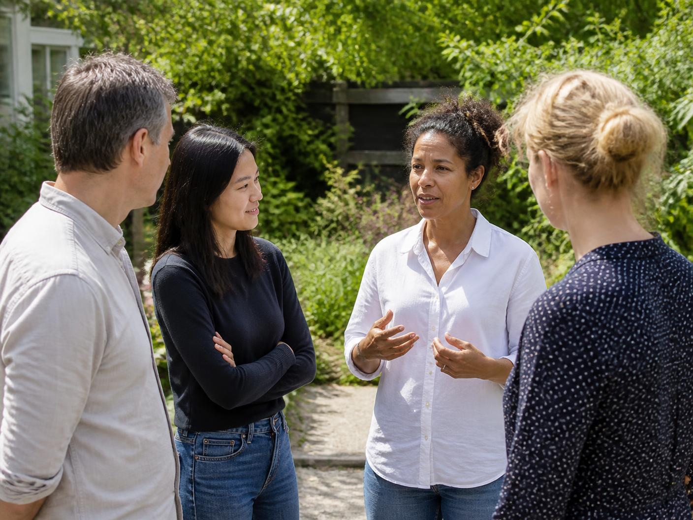 Kleine groep collega's buiten in de tuin in gesprek