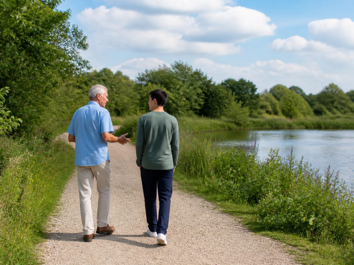 Twee mensen in gesprek tijdens een wandeling langs het water