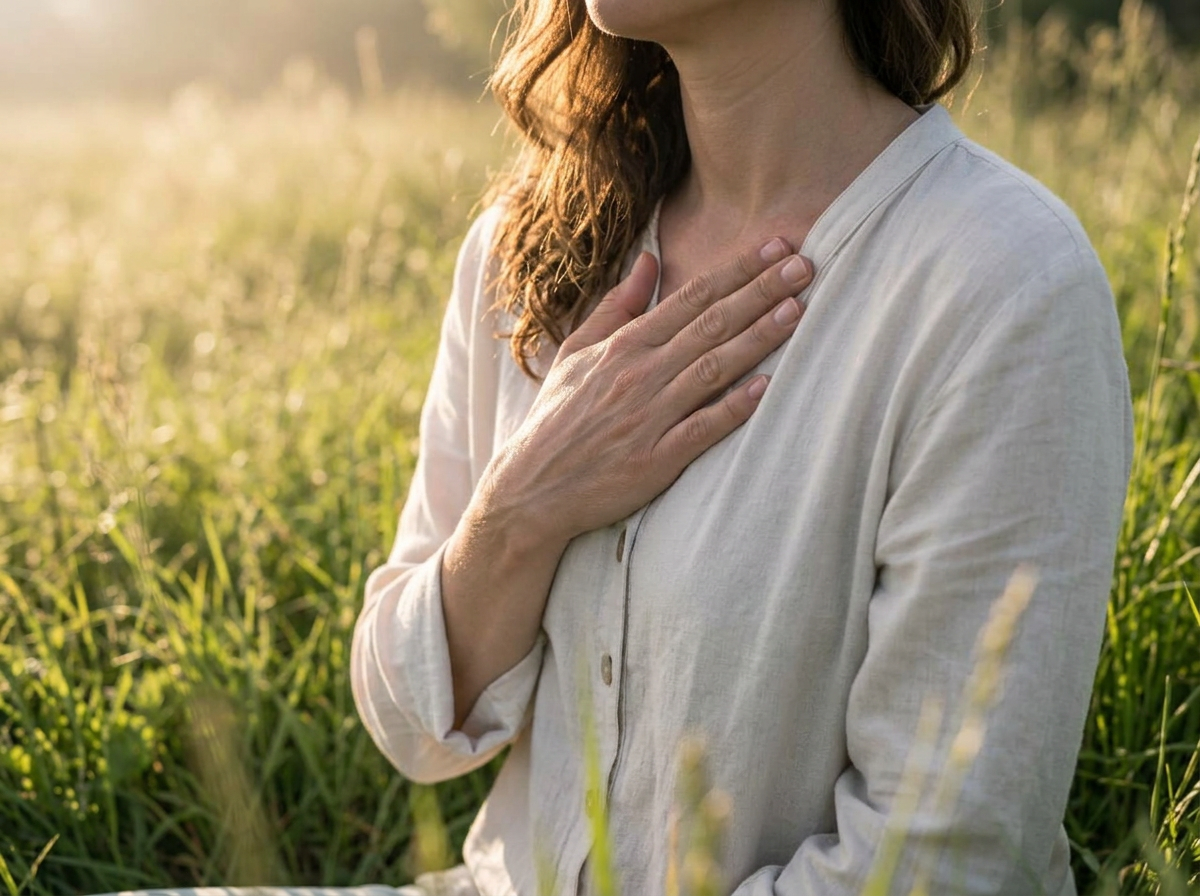 Een vrouw zit rustig in het gras met haar hand op haar hart in zacht ochtendlicht