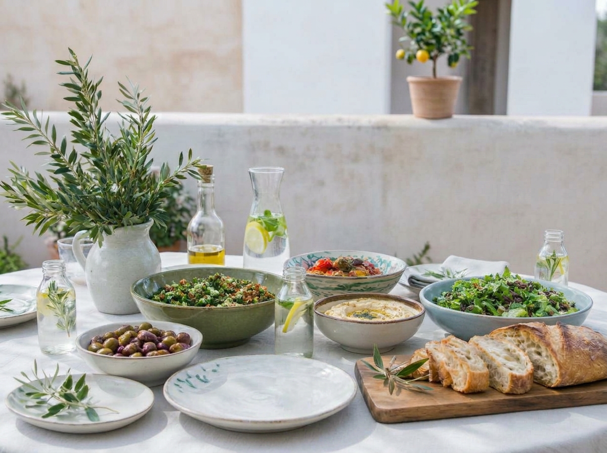 Mediterrane tafel met gezonde vegetarische gerechten in het zonlicht onder een boom