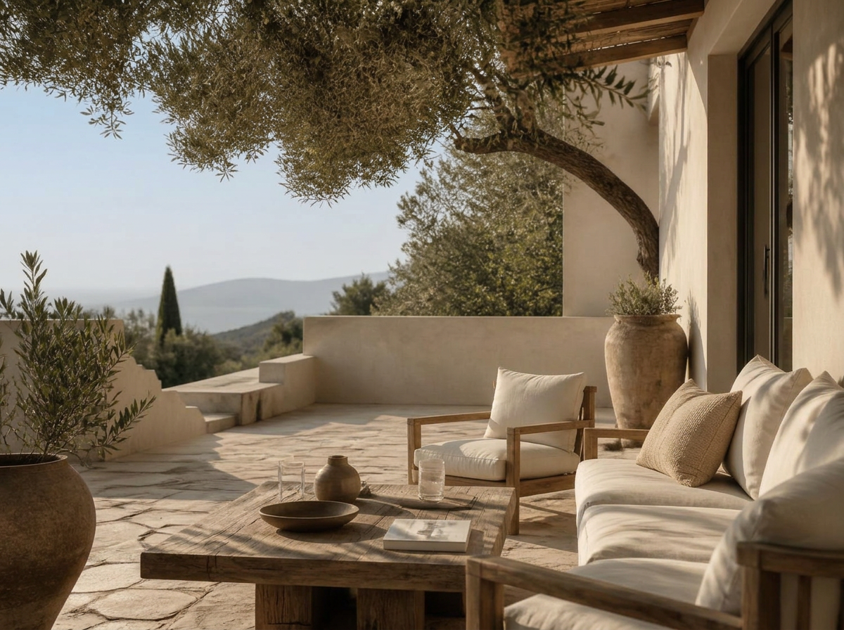 Rustig mediterraan terras in de middagzon met linnen kussens en olijfbomen