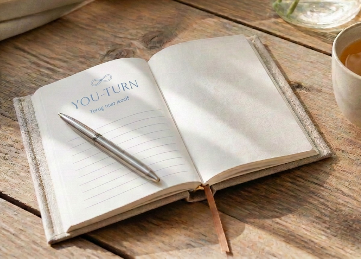 Het You-Turn werkboek met lemniscaat op een lichte houten tafel in het ochtendlicht