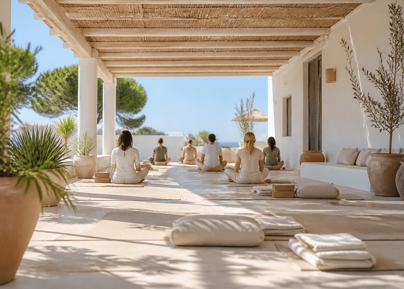 Rustige overdekte terras met yogamatten en linnen kussens in de schaduw