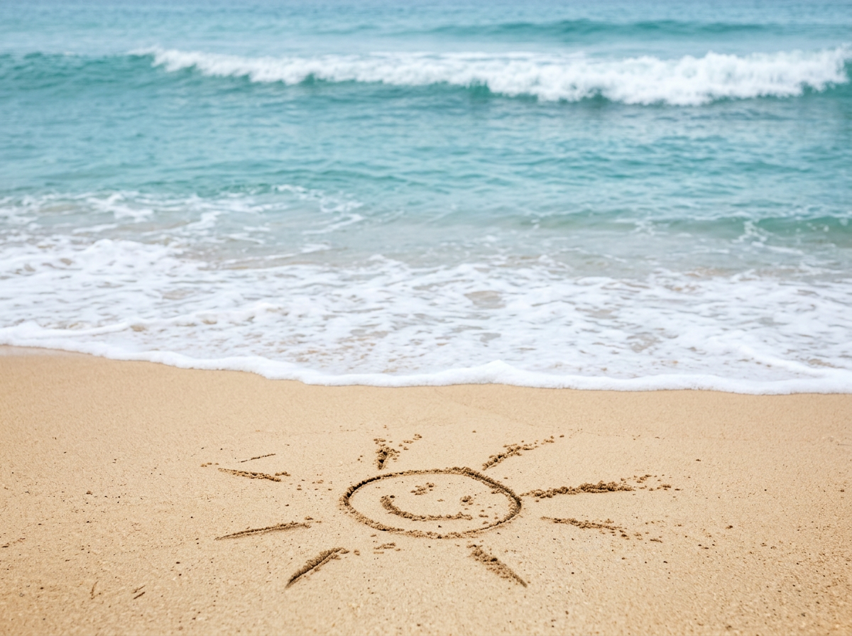 Zonnetje getekend in het zand aan de rand van de turquoise zee